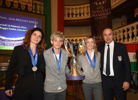 REGGIO NELL'EMILIA, ITALY - FEBRUARY 16:  (L-R) Patrizia Panico, Melania Gabbiadini, Alessia Tuttino and Antonio Cabrini Italian FIFA Women's National Coach attend the UEFA Women's Champions League Final presentation on February 16, 2016 in Reggio nell'Emilia, Italy.  (Photo by Pier Marco Tacca/Getty Images)